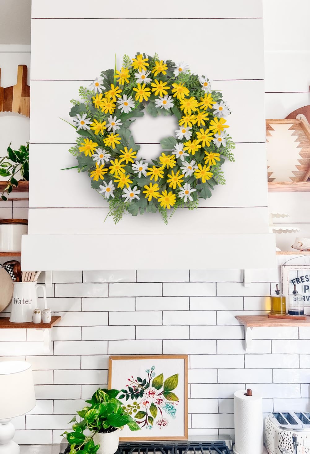 Corona floreale artificiale 55 cm con margherite gialle – Verde