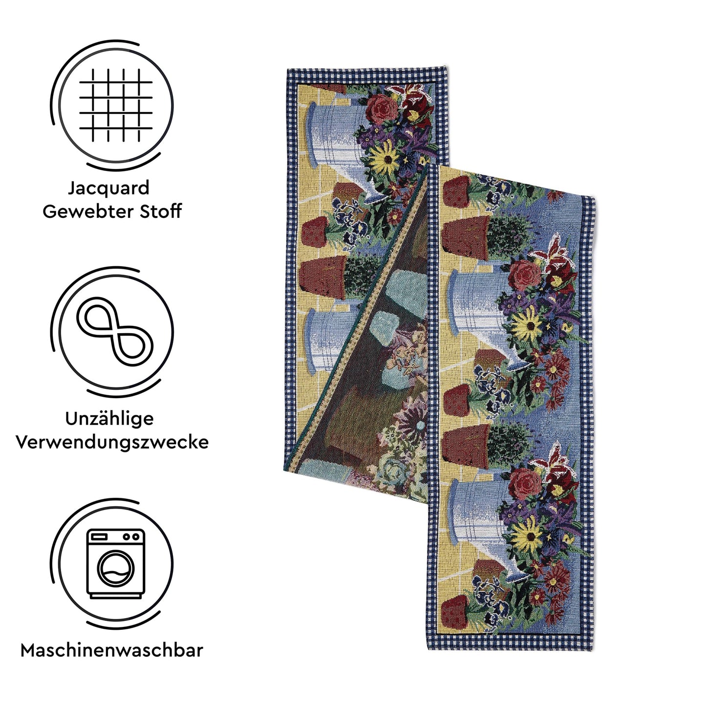 Runner da tavolo boho jacquard con motivo vaso di fiori – 32x150 cm