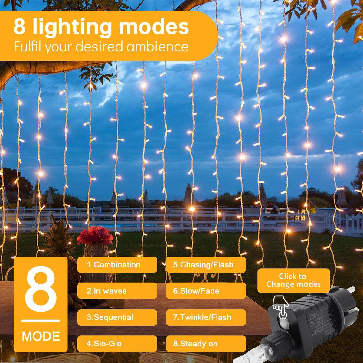 Tenda luminosa da interno 300 LED con 8 modalità e timer – Bianco caldo 1x3 m