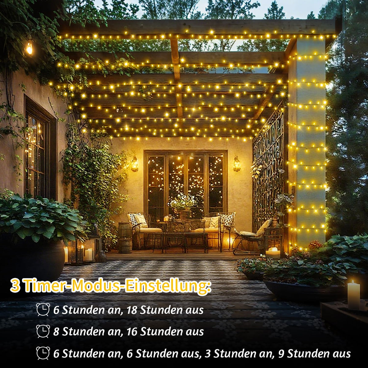 Catena luminosa esterna 18 m 600 LED impermeabile con timer – Bianco caldo cavo nero