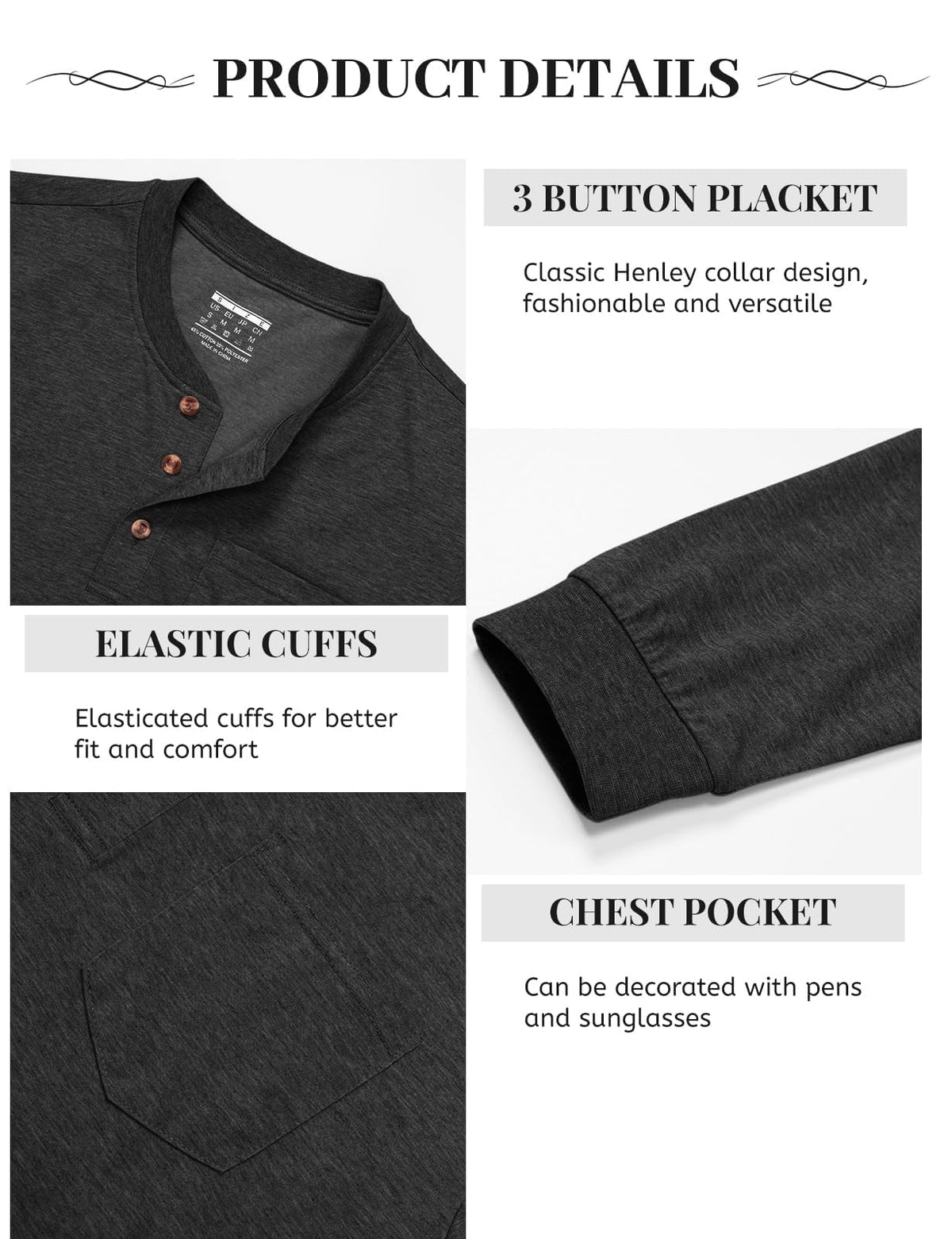 Maglia uomo Henley cotone leggera – Nero XXL
