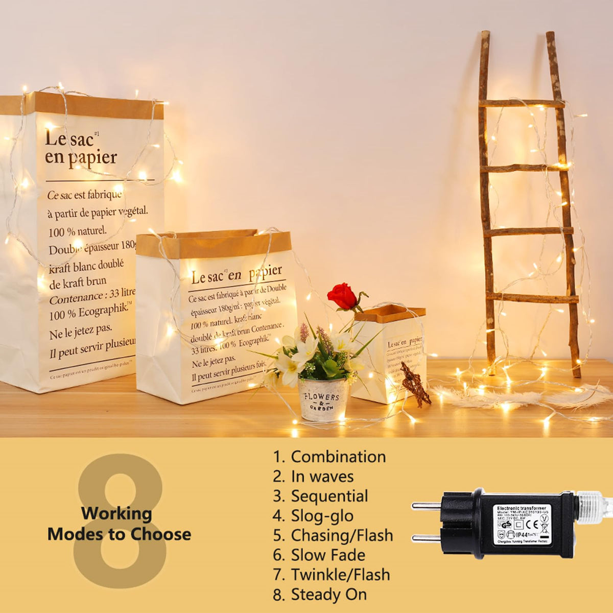 Luci natalizie 50 m 500 LED per interno/esterno, 8 modalità – Bianco caldo