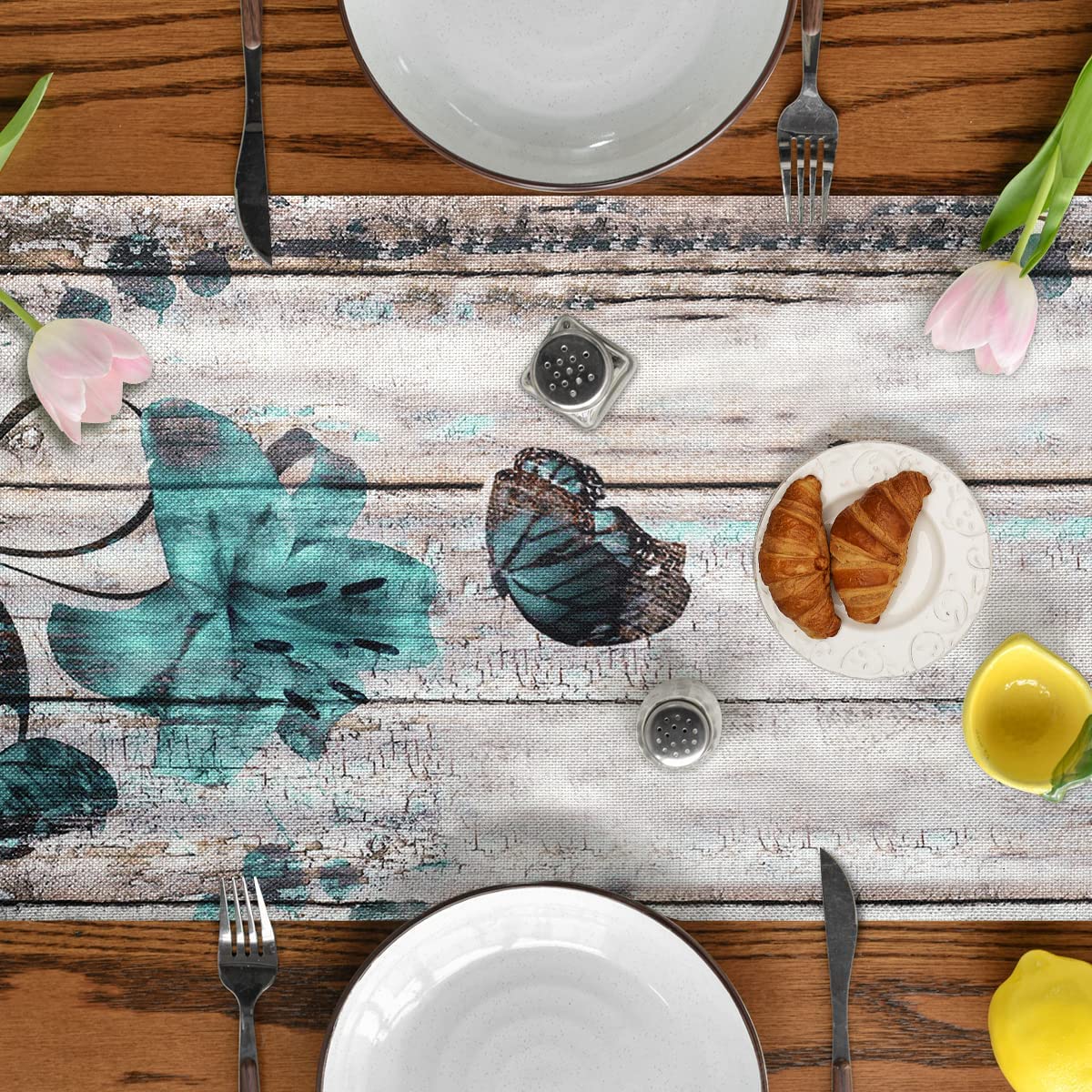 Runner da tavolo estivo moderno con motivo gigli blu-verde – 33x183 cm