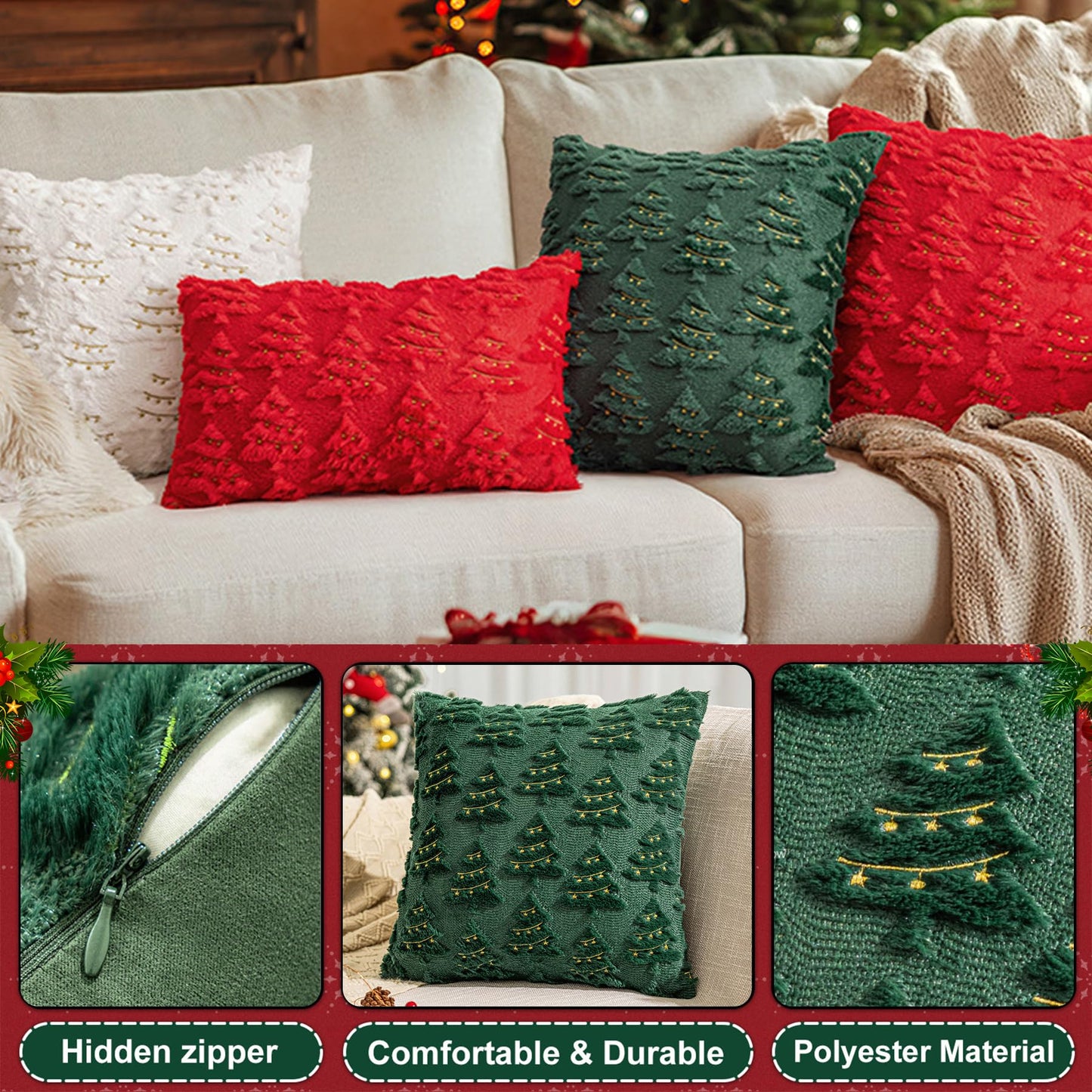 Set di 2 federe in velluto con ricamo albero di Natale – 40x40 cm
