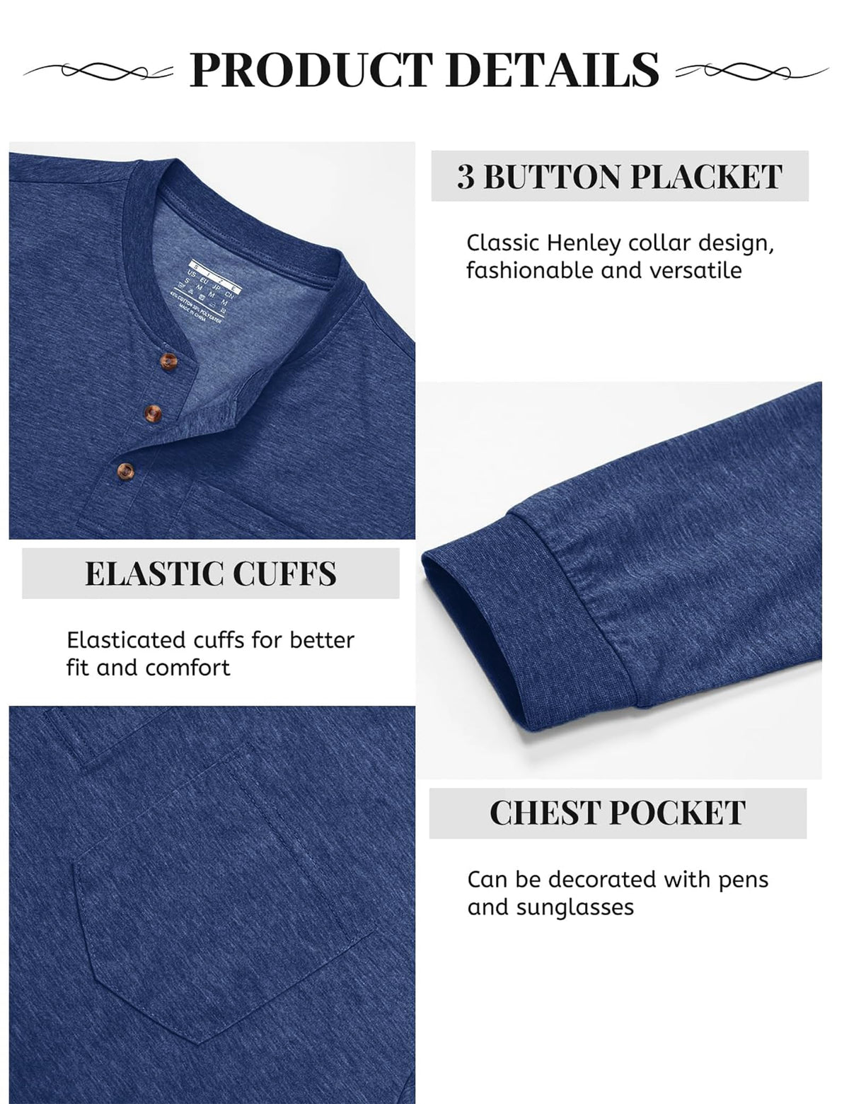 Maglia uomo Henley manica lunga – Blu scuro S