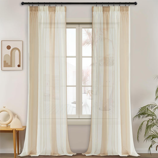 Tende semitrasparenti cameretta bambina con nastro arricciato set da 2 beige e bianco 260x140 cm
