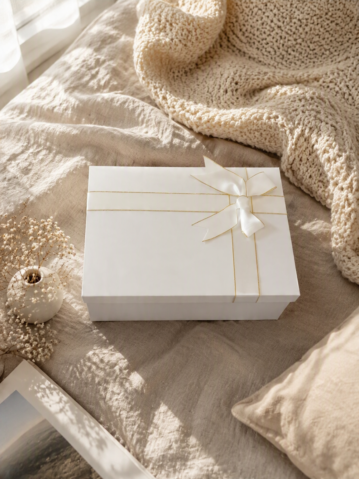Scatola regalo bianca con coperchio e fiocco rettangolare