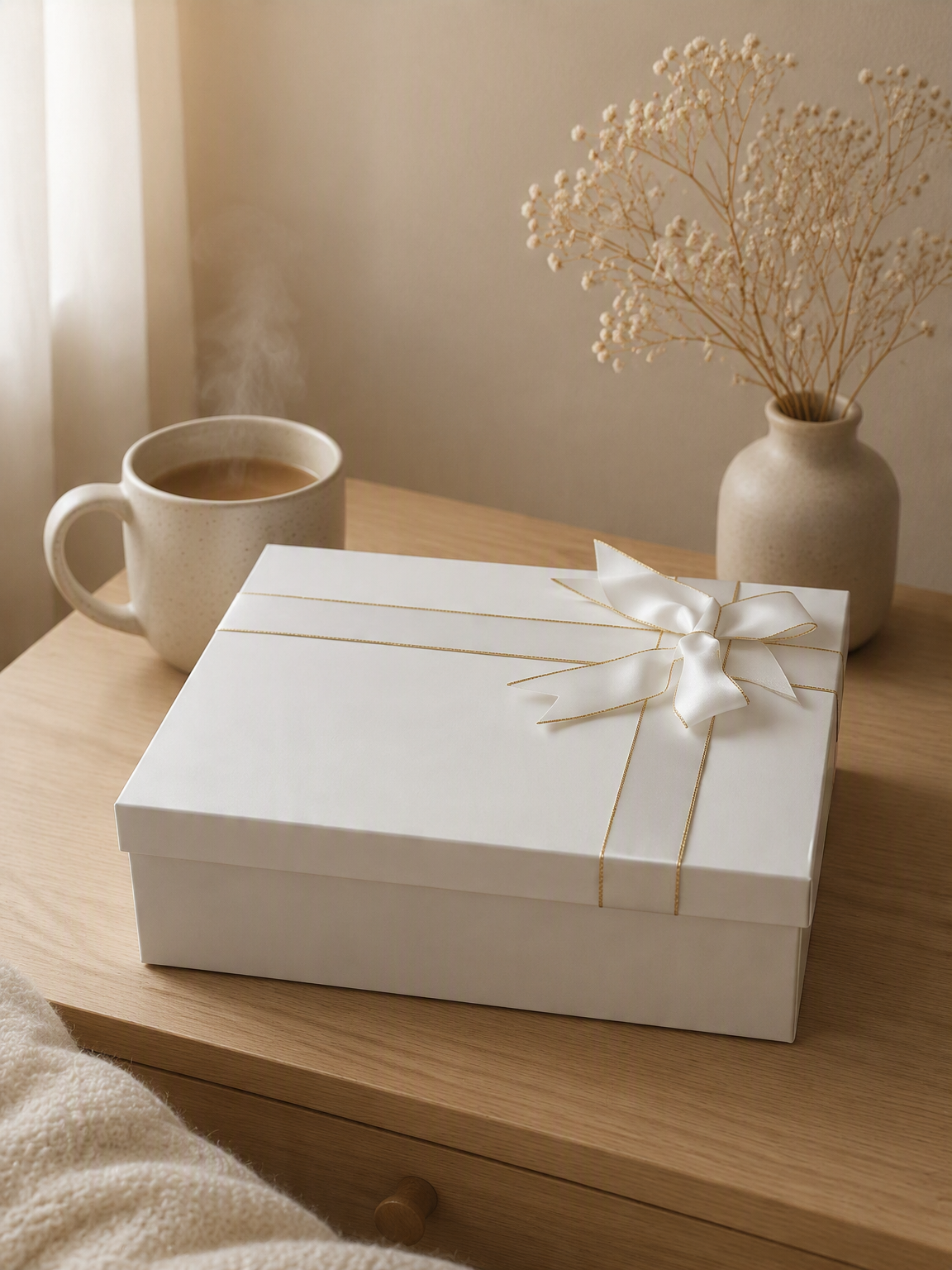 Scatola regalo bianca con coperchio e fiocco rettangolare