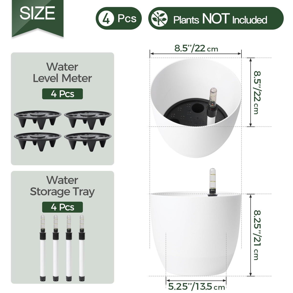 Vaso autoirrigante 22 cm con indicatore livello acqua, set da 4 – Bianco