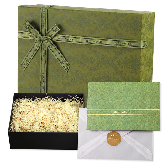 Set scatola regalo verde 33x25x10 cm con carta e biglietto