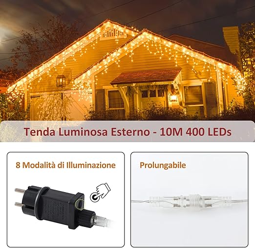 Tenda luminosa a cascata 10 m 400 LED – Bianco caldo