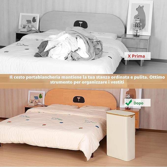 Cesto portabiancheria 60L stretto con sacco interno removibile – Beige