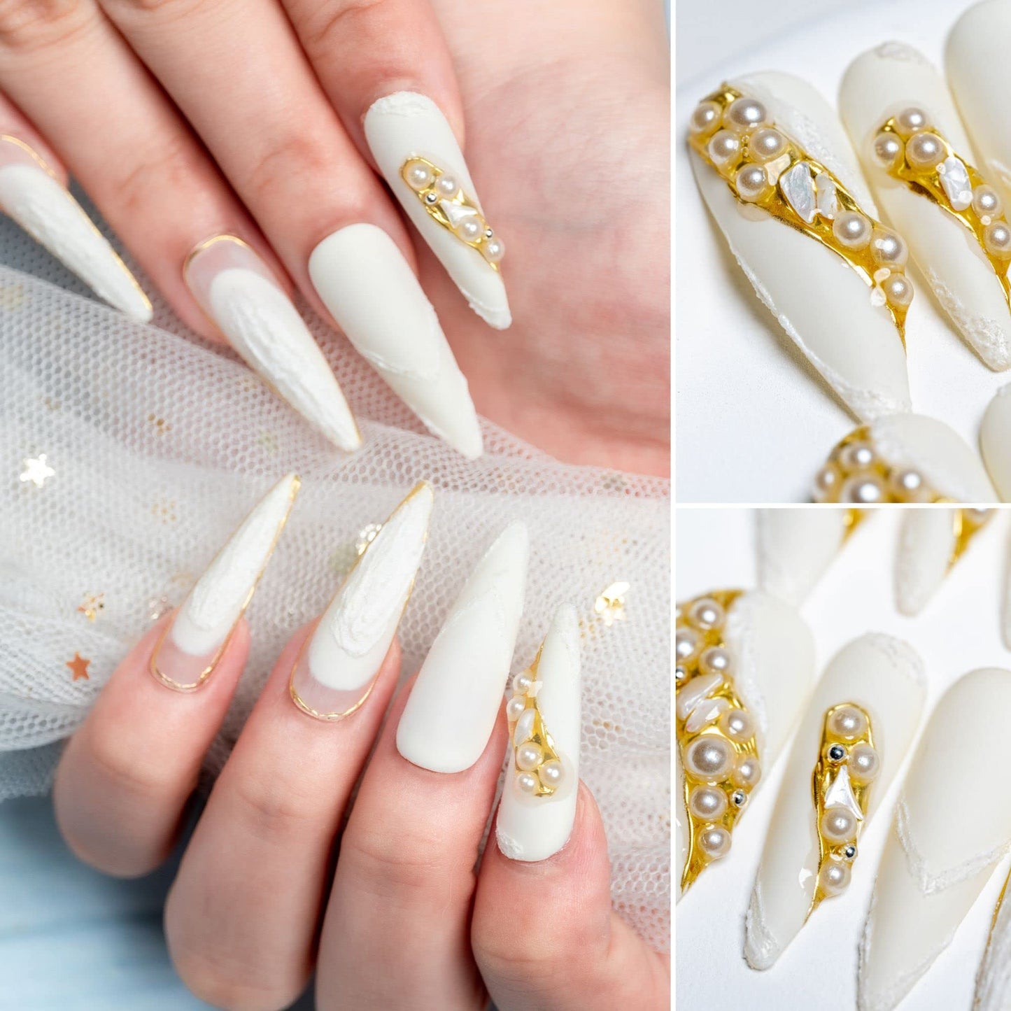 Unghie finte stiletto bianco/oro con strass – misura M