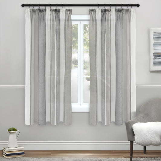 Tende soggiorno moderne con nastro arricciato 145 cm in tulle a righe semitrasparenti grigio scuro e bianco set da 2