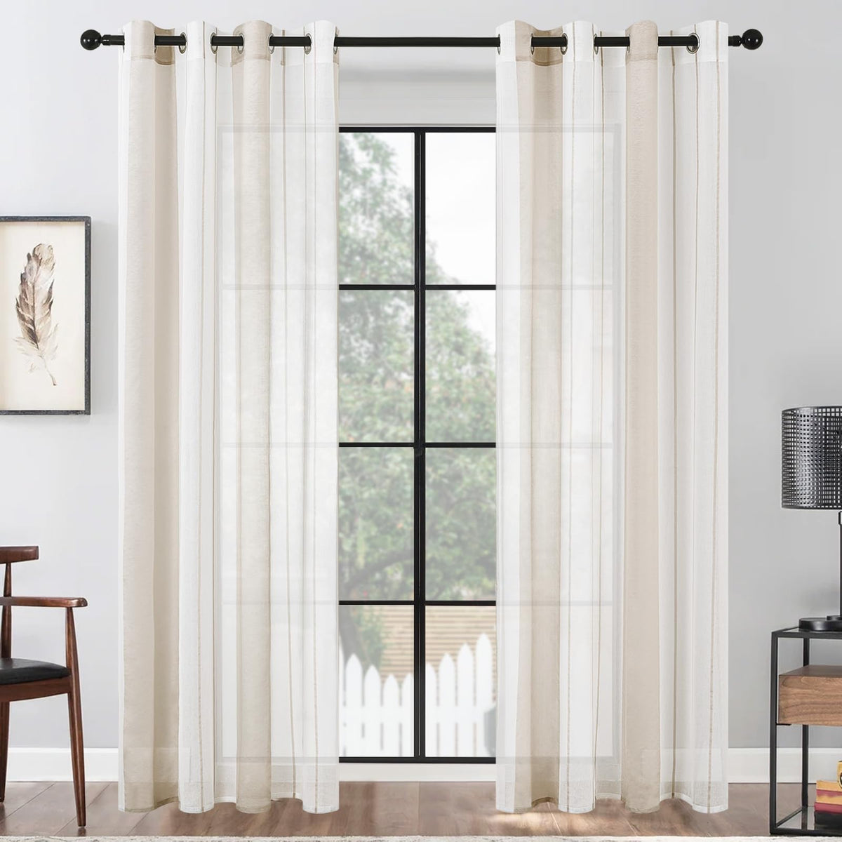 Tende voile semitrasparenti a righe con occhielli bianco e khaki