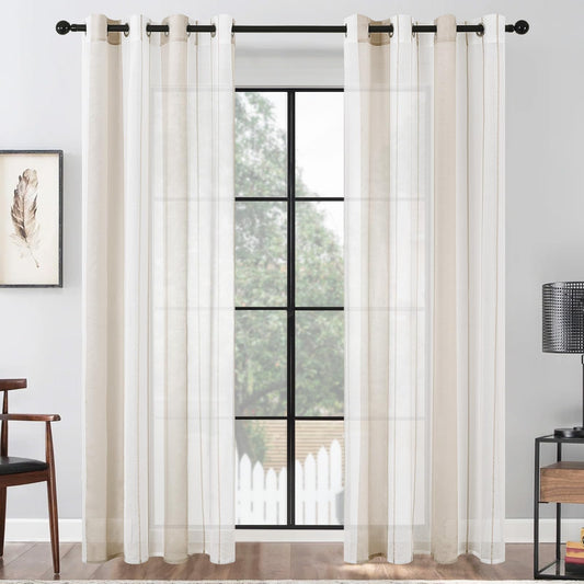Tende voile corte semitrasparenti a righe con occhielli stile moderno bianco e khaki 260x140 cm set da 2