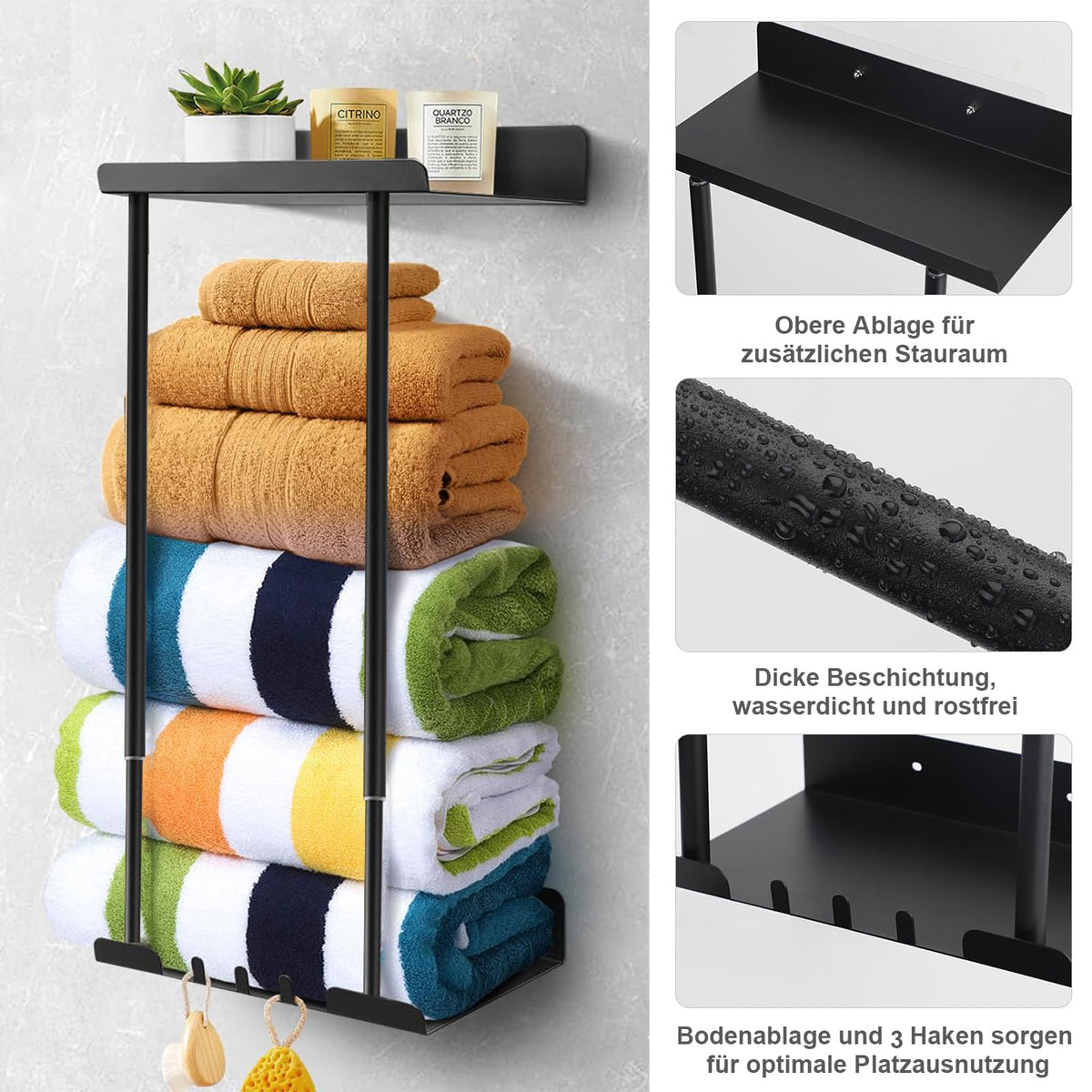 Porta asciugamani adesivo estensibile con mensola 38-75 cm – Nero