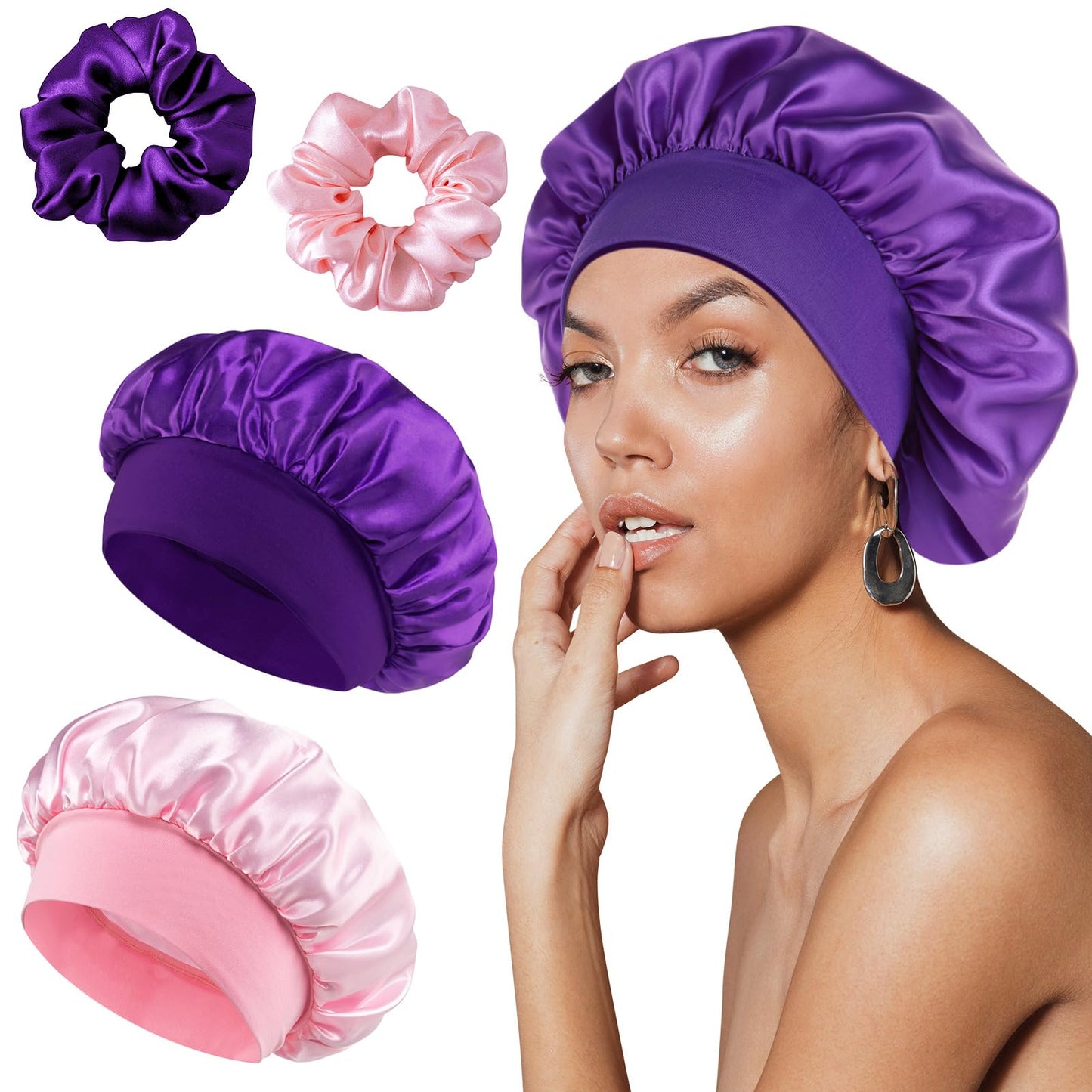 Cuffia in raso per capelli con elastici, cuffia notte in seta per capelli lunghi e corti – Viola/Rosa