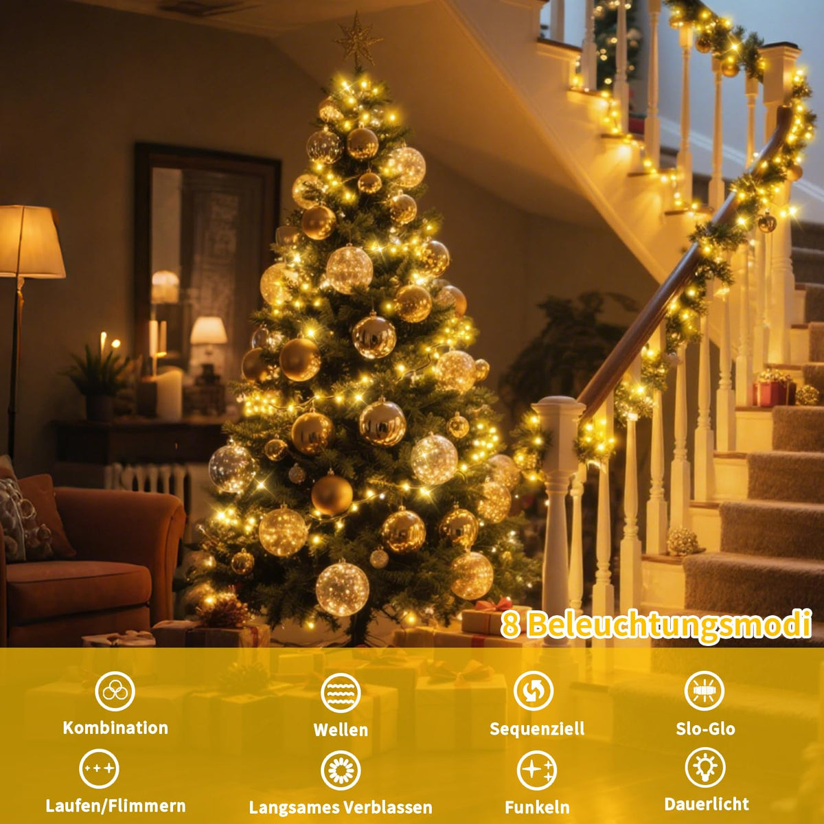 Catena luminosa esterna 18 m 600 LED impermeabile con timer – Bianco caldo cavo nero