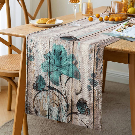 Runner da tavolo estivo moderno con motivo gigli blu-verde – 33x183 cm
