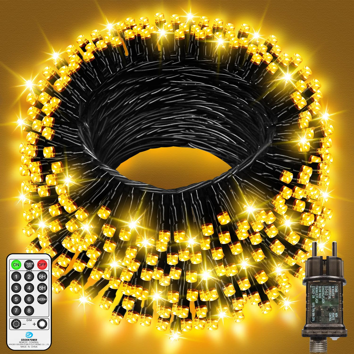 Catena luminosa esterna 18 m 600 LED impermeabile con timer – Bianco caldo cavo nero