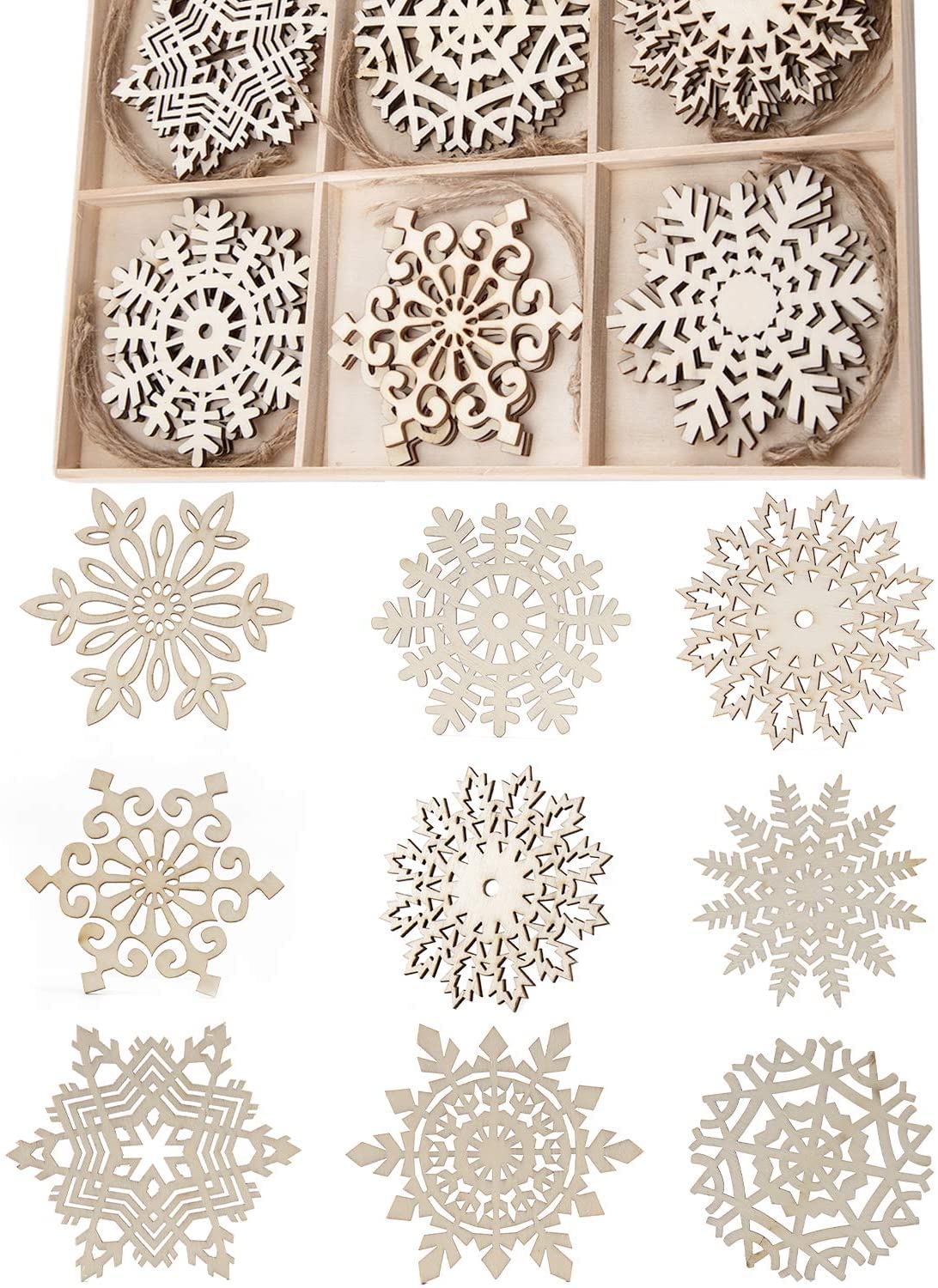 Set 27 decorazioni fiocchi di neve in legno da appendere