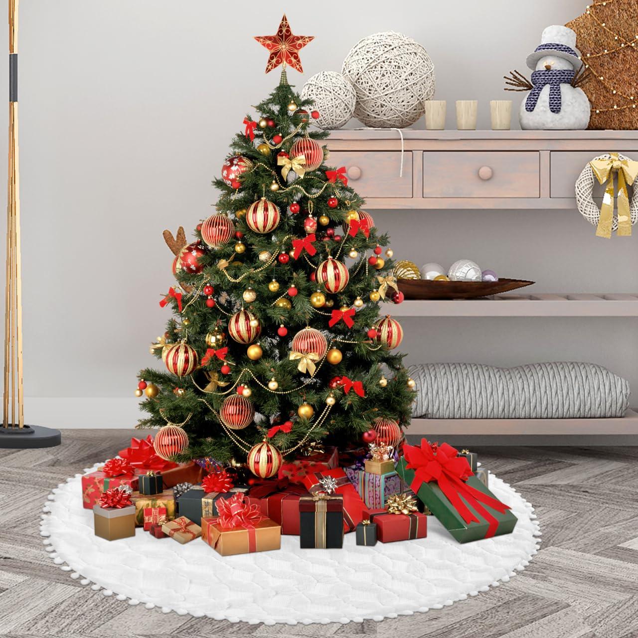 Gonna copri base albero di Natale in peluche Ø 91 cm con fiocchi di neve – Bianco