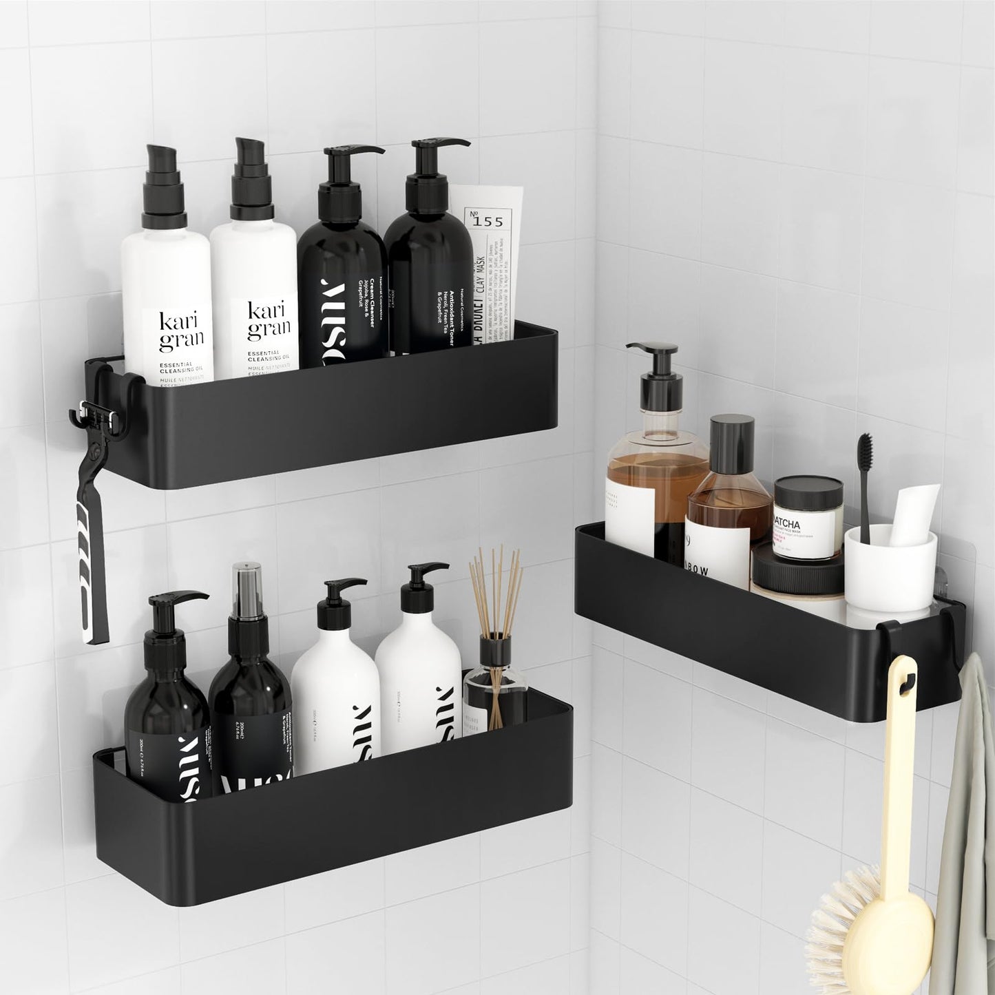 Mensola doccia, organizer bagno antiruggine, set da 3 pezzi – Nero, grande