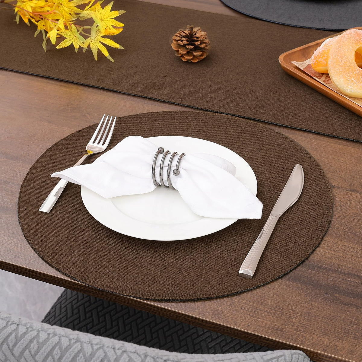 Set 4 tovagliette rotonde lavabili antiscivolo diametro 38 cm marrone e ceruleo