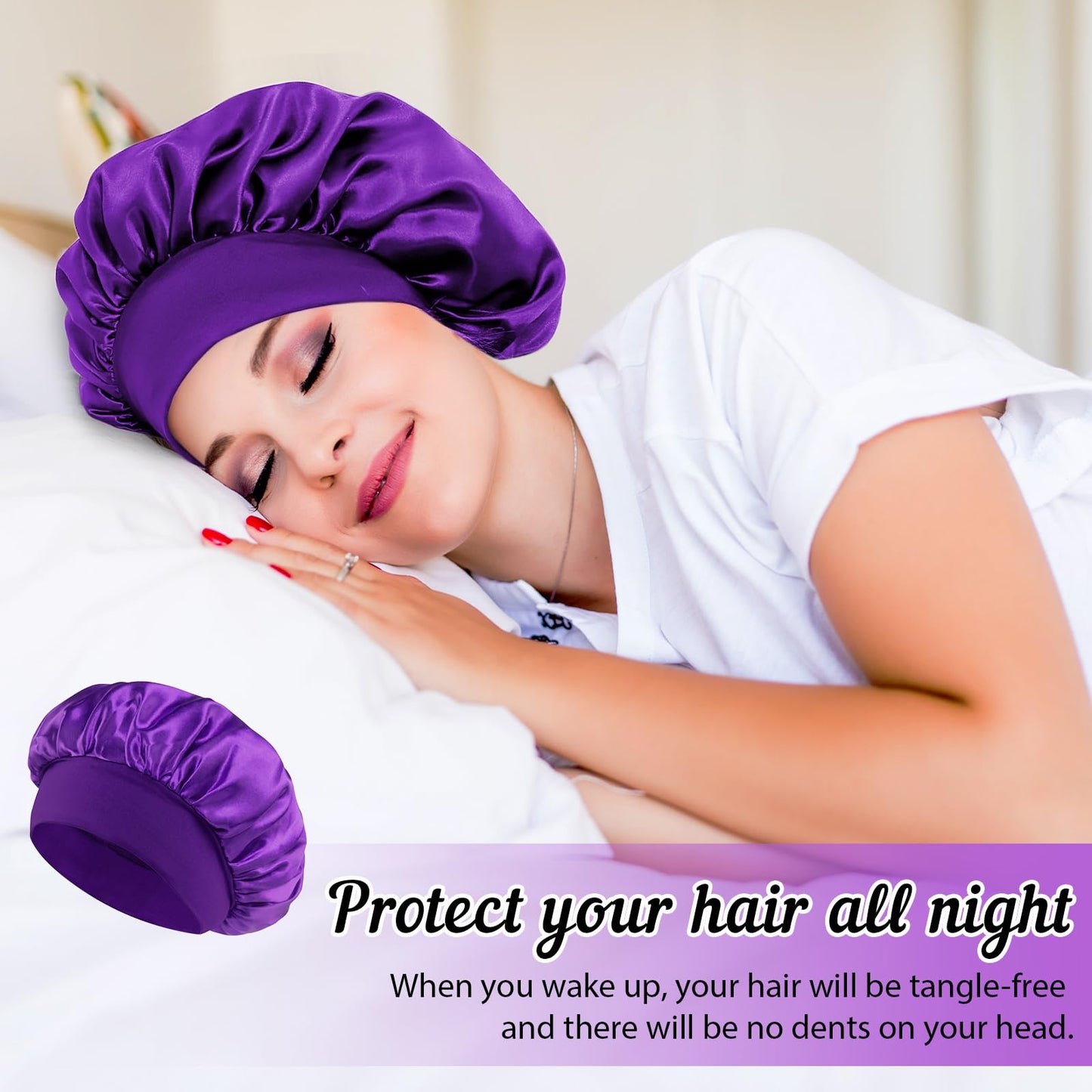 Cuffia in raso per capelli con elastici, cuffia notte in seta per capelli lunghi e corti – Viola/Rosa