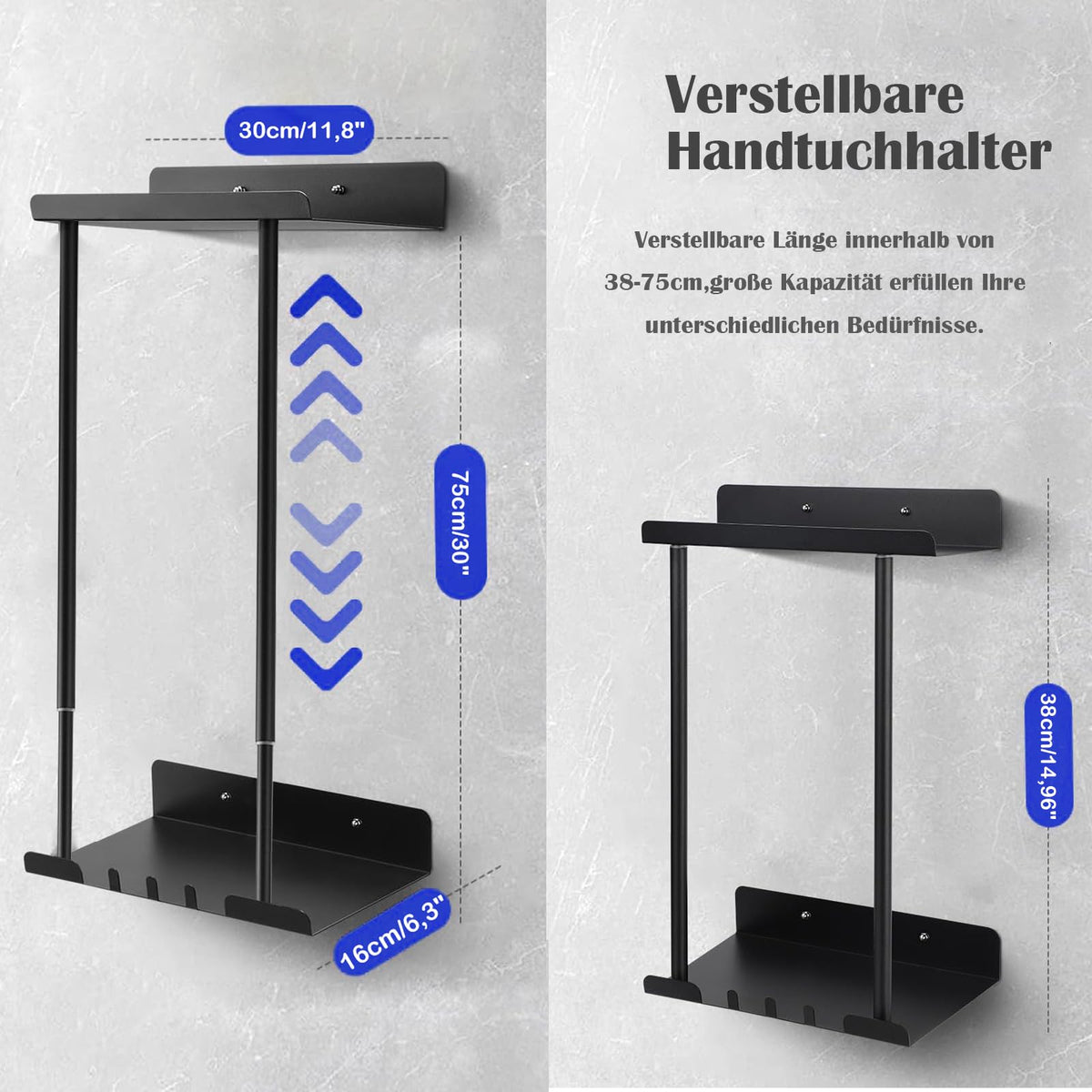 Porta asciugamani adesivo estensibile con mensola 38-75 cm – Nero