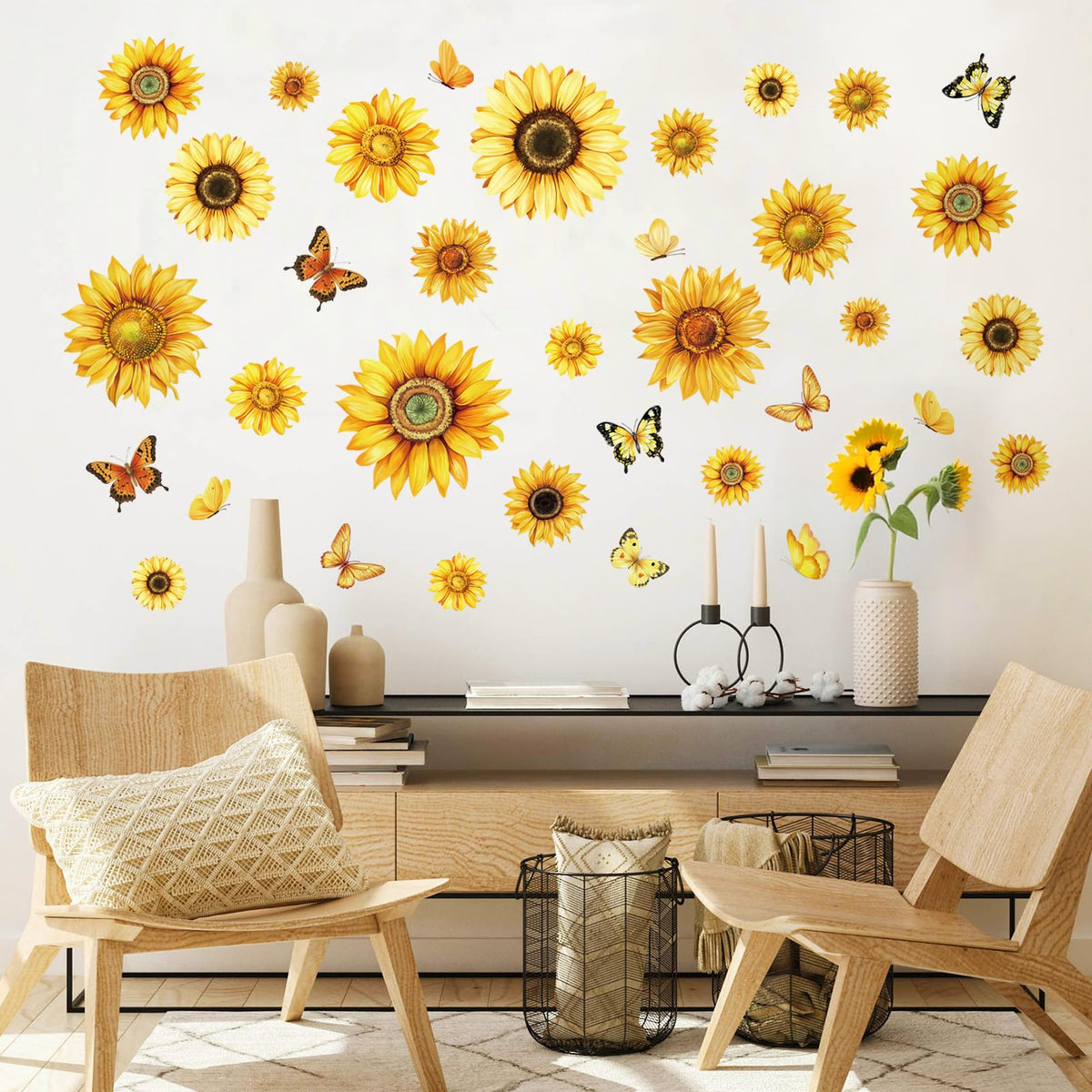 Adesivi da parete girasoli e farfalle vintage – Multicolore