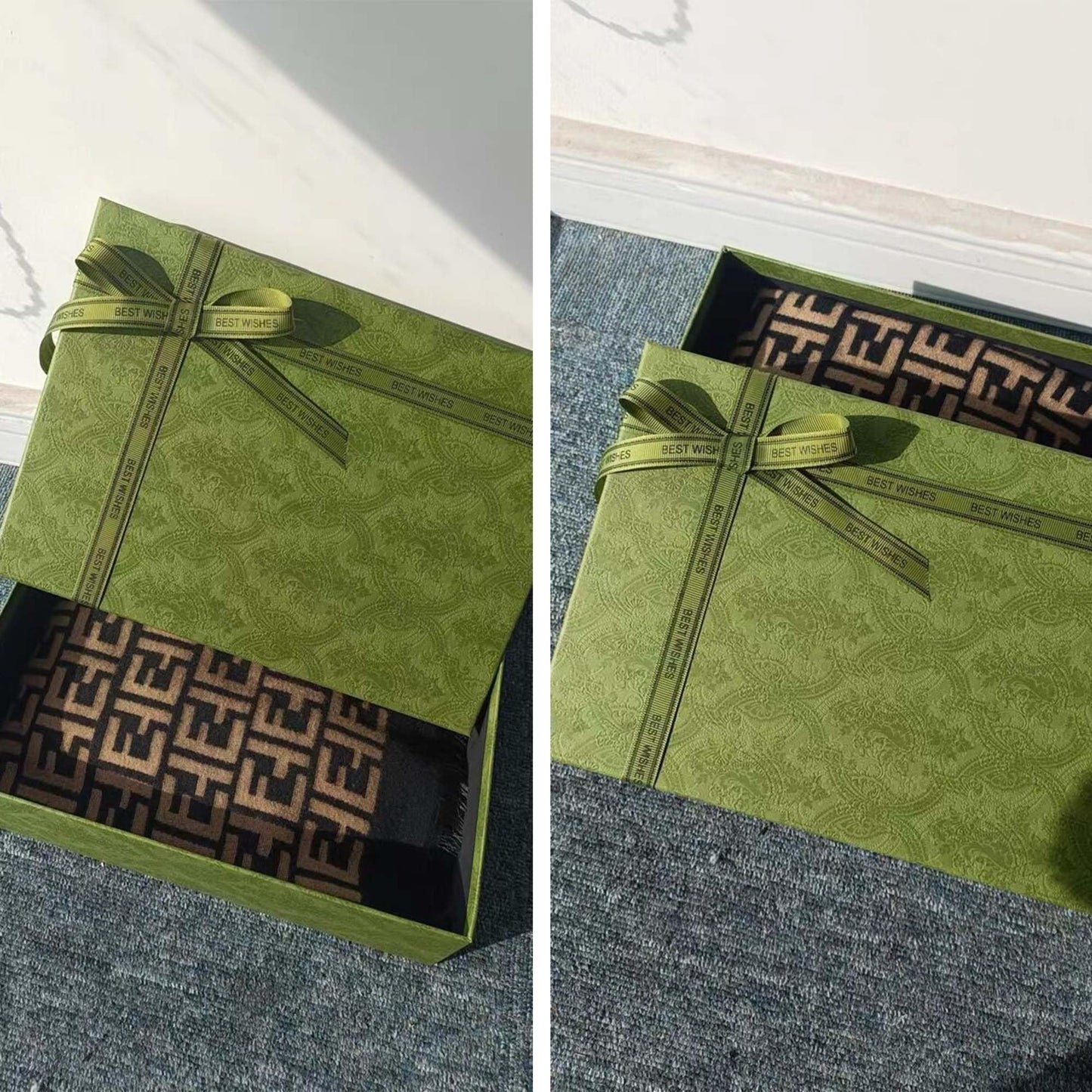 Set scatola regalo verde 33x25x10 cm con carta e biglietto