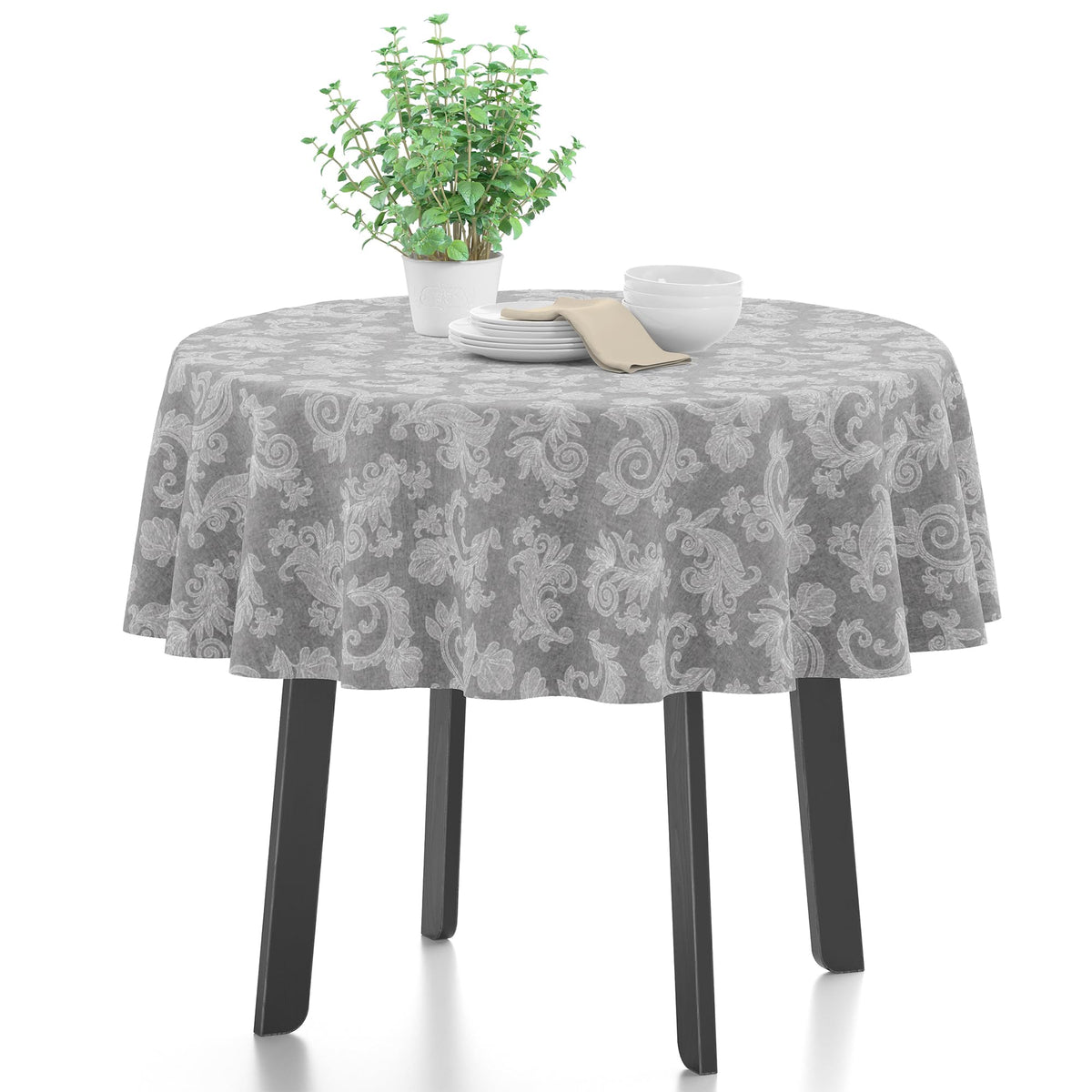 Tovaglia tavolo rotondo 4 posti jacquard floreale grigio – 145 cm