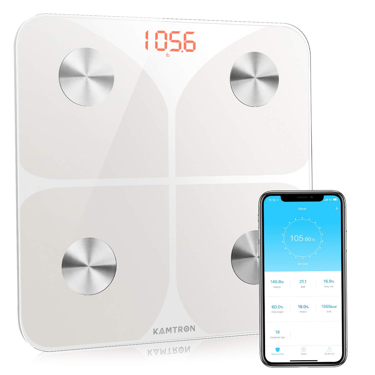 Bilancia pesapersone digitale con app, 180 kg, analisi massa corporea