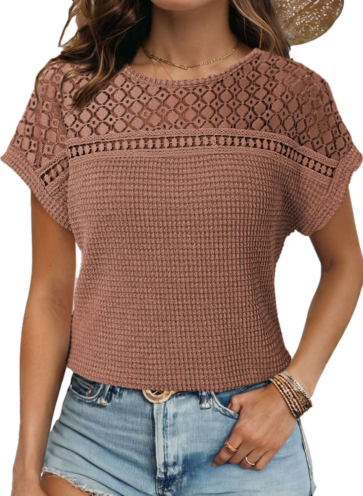 Maglietta donna estiva in pizzo maniche corte – Marrone