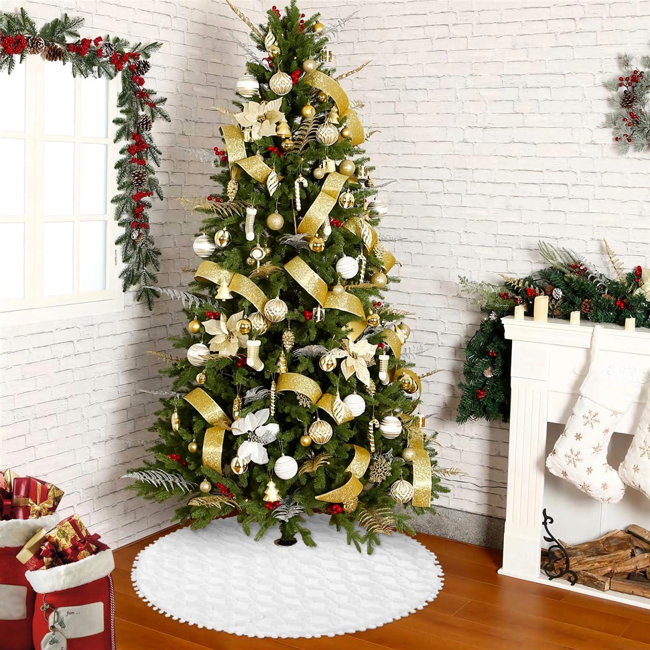 Gonna copri base albero di Natale in peluche Ø 91 cm con fiocchi di neve – Bianco