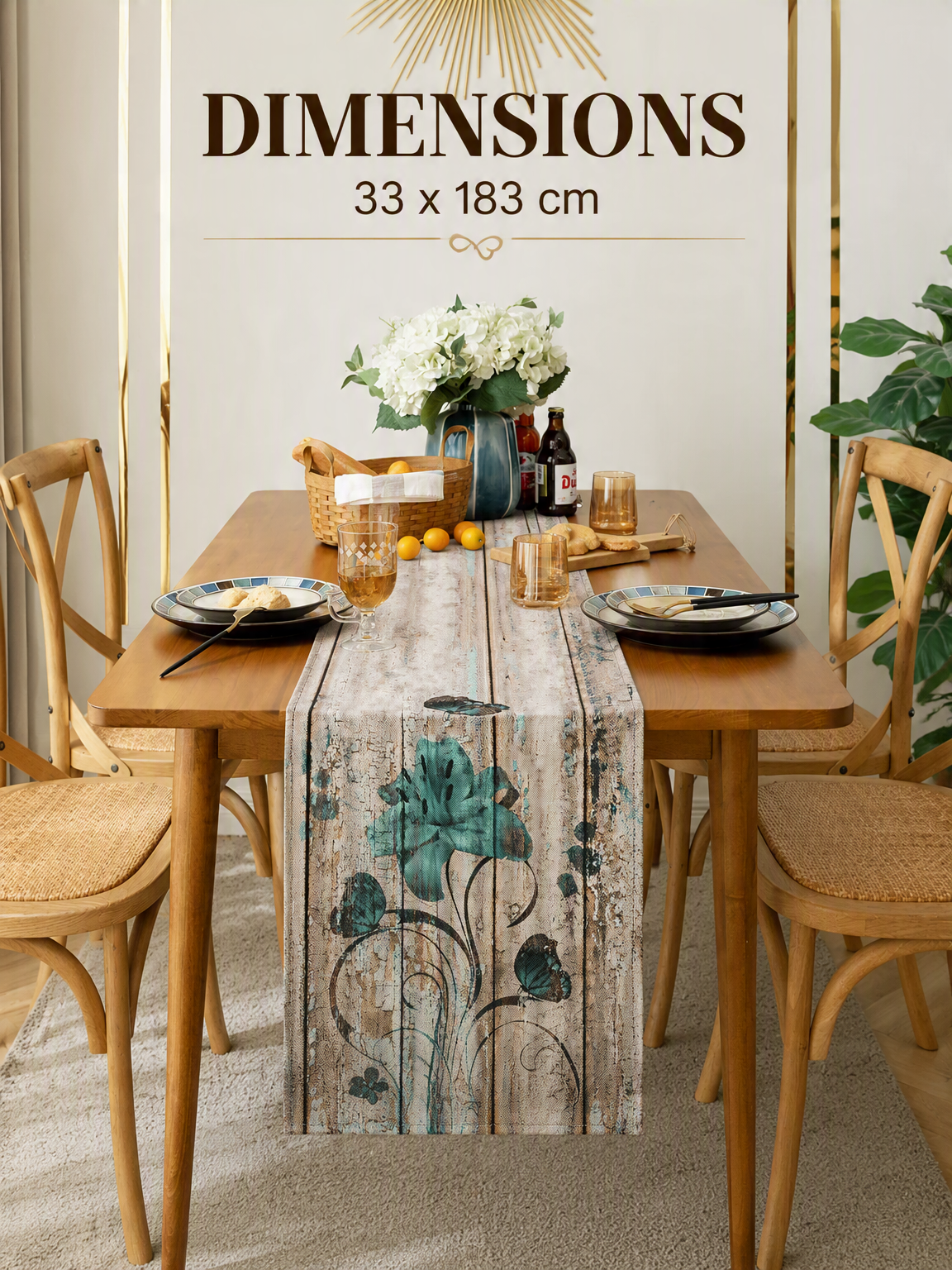 Runner da tavolo moderno con motivo gigli turchese – 33x183 cm