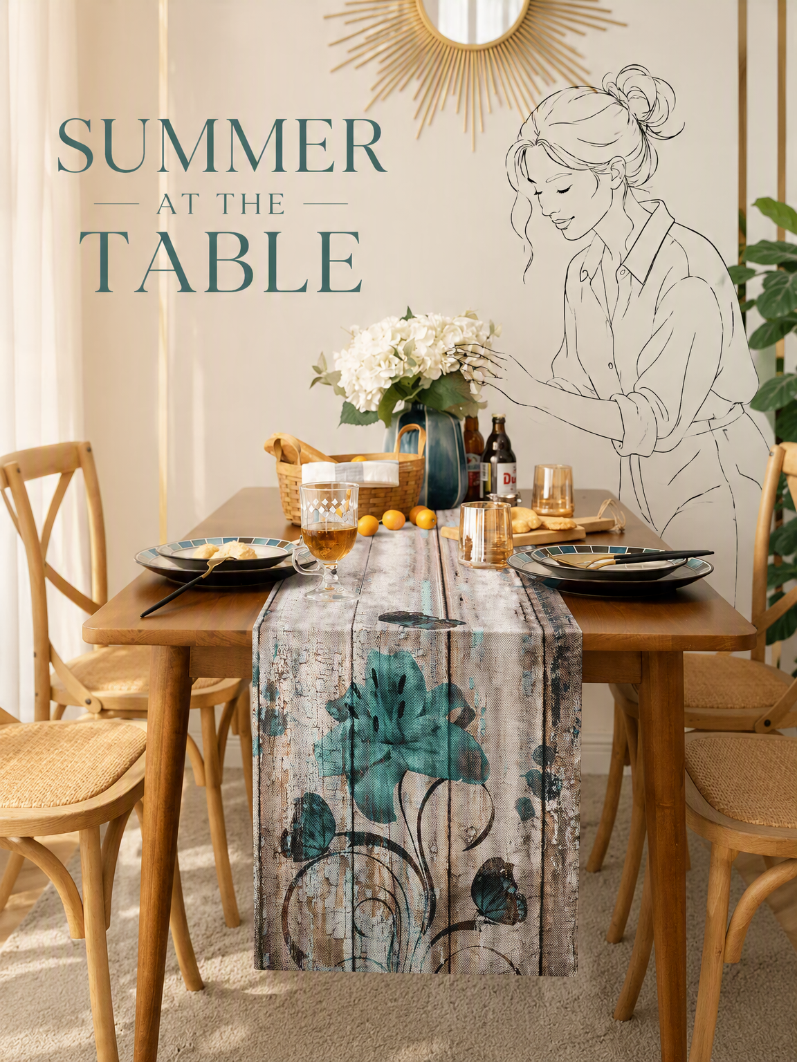 Runner da tavolo moderno con motivo gigli turchese – 33x183 cm