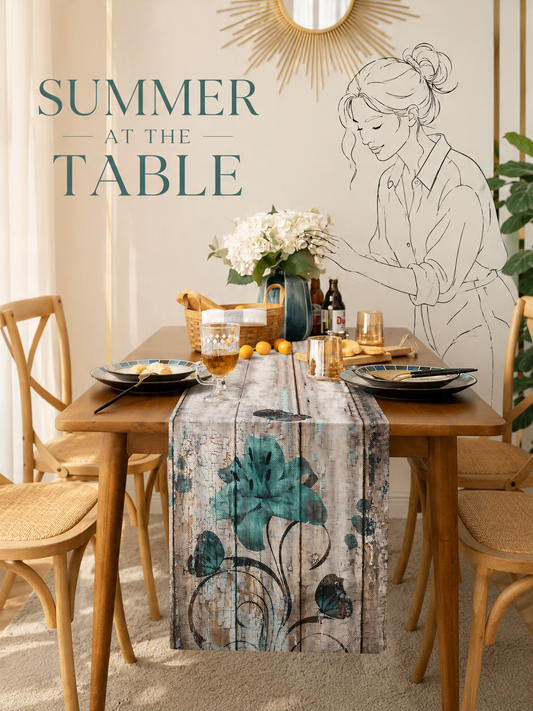 Runner da tavolo moderno con motivo gigli turchese – 33x183 cm