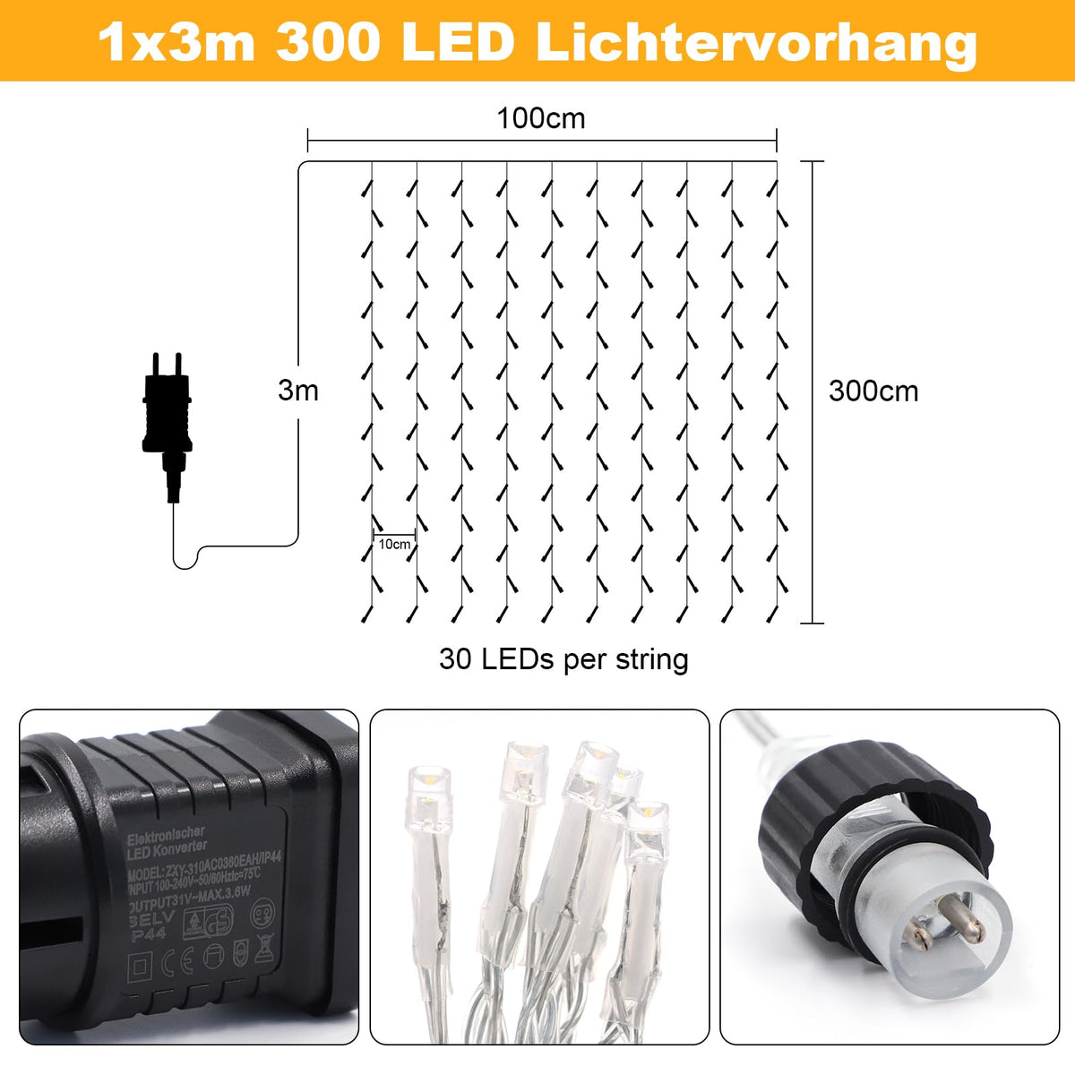 Tenda luminosa da interno 300 LED con 8 modalità e timer – Bianco caldo 1x3 m