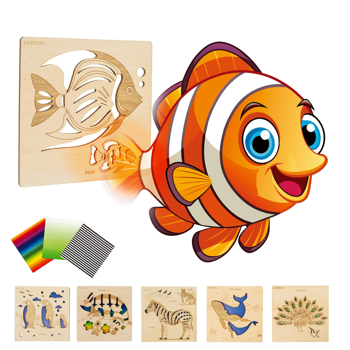 Edyfico TMY102 Gioco Montessori in legno per bambini 2-3 anni, gioco educativo per riconoscimento colori e forme, memory fai da te tema frutta, gioco creativo aperto per bambini dai 2 anni (Animali)