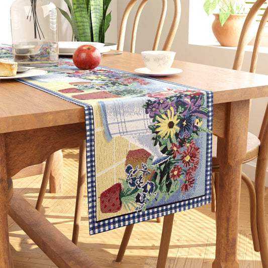 Runner da tavolo boho jacquard con motivo vaso di fiori – 32x150 cm