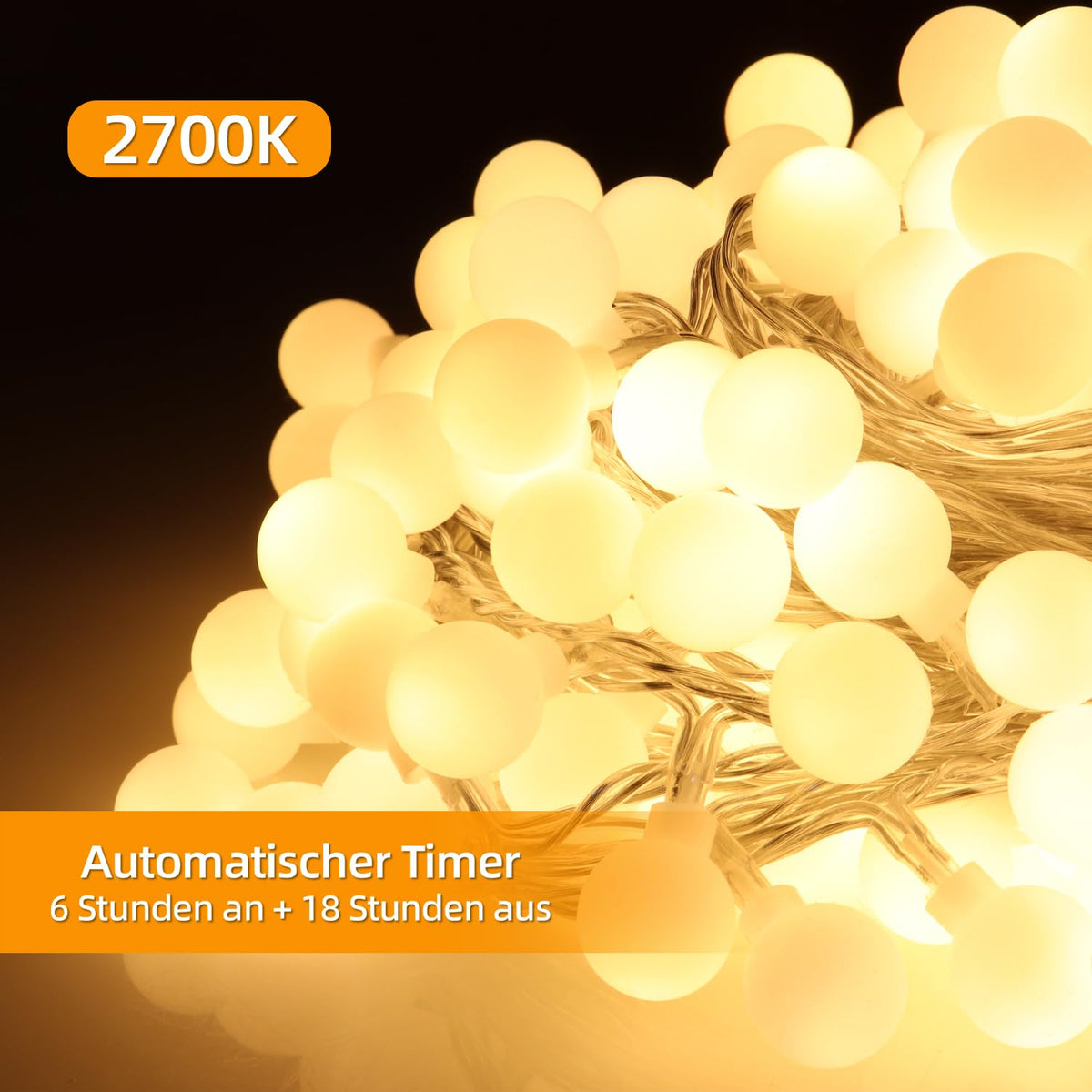 Catena luminosa a sfere 20 m 200 LED bianco caldo con timer e 8 modalità, IP44