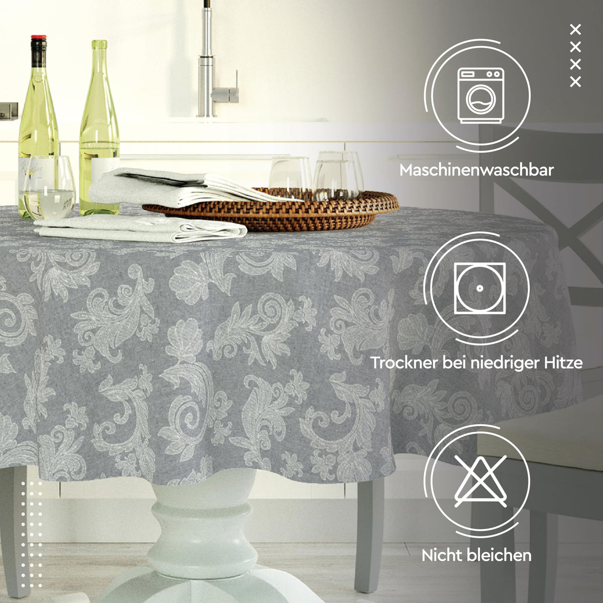 Tovaglia tavolo rotondo 4 posti jacquard floreale grigio – 145 cm