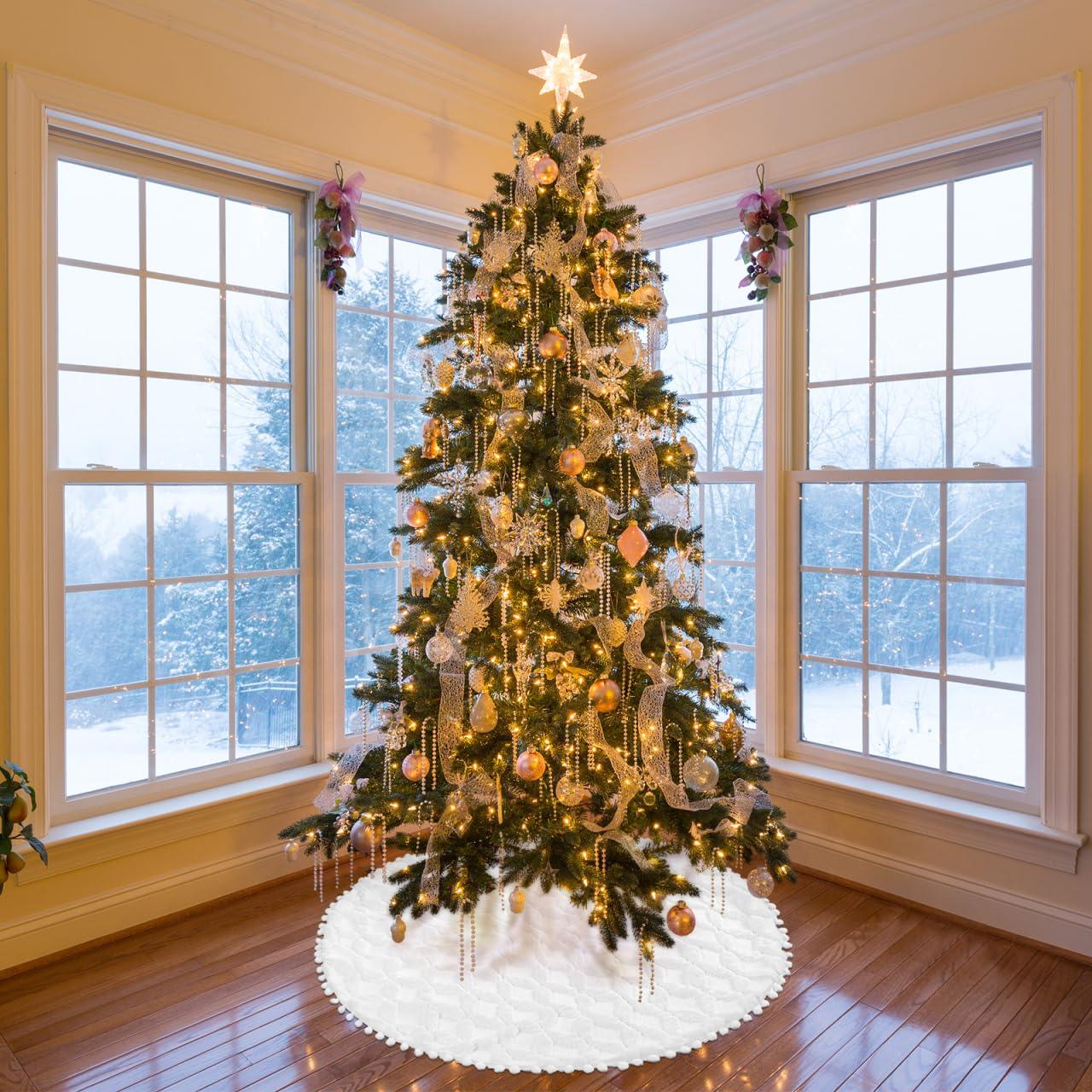 Gonna copri base albero di Natale in peluche Ø 91 cm con fiocchi di neve – Bianco