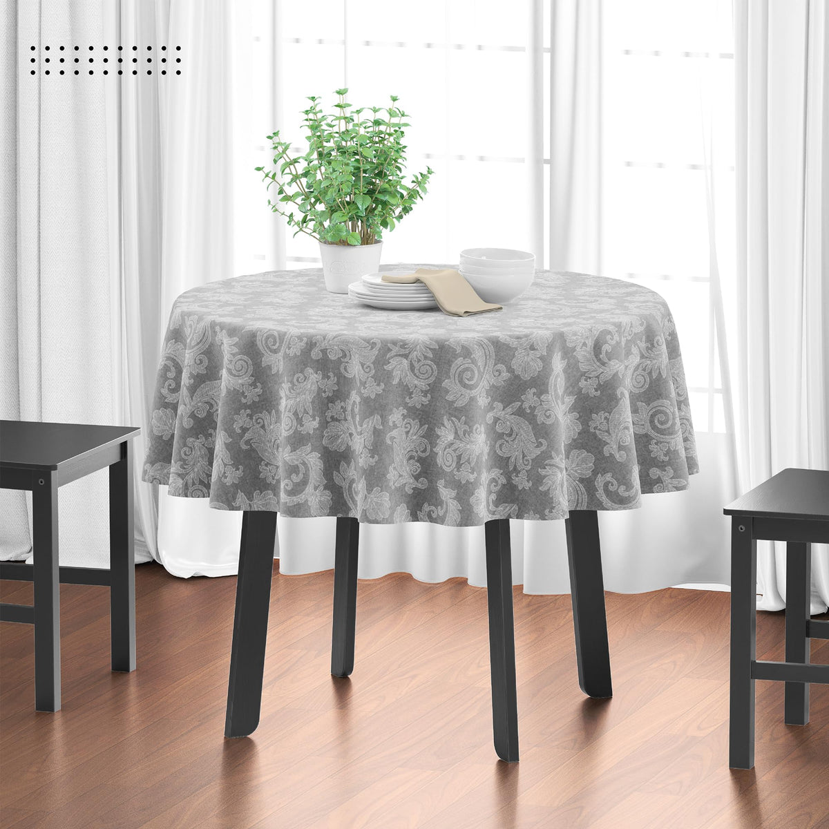 Tovaglia tavolo rotondo 4 posti jacquard floreale grigio – 145 cm