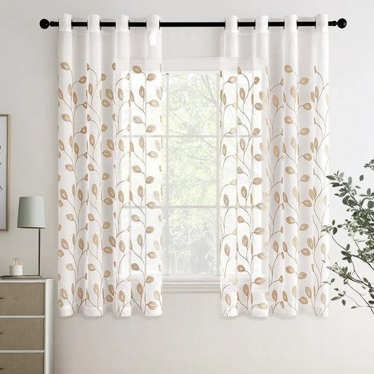 Tende moderne soggiorno con ricamo foglie, 2 pezzi velate con occhielli – 140x160 Beige