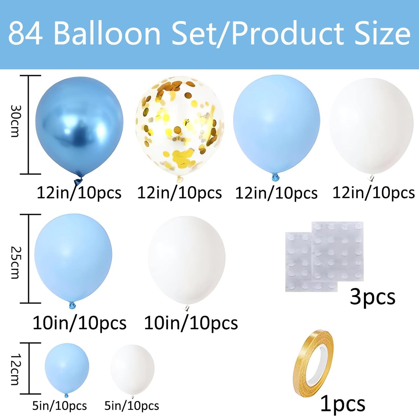 Set 80 palloncini coriandoli macaron – Blu bianco argento