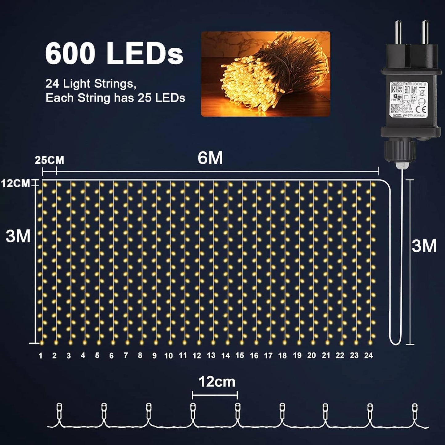 Tenda luminosa 6x3 m 600 LED con 9 modalità – Bianco caldo